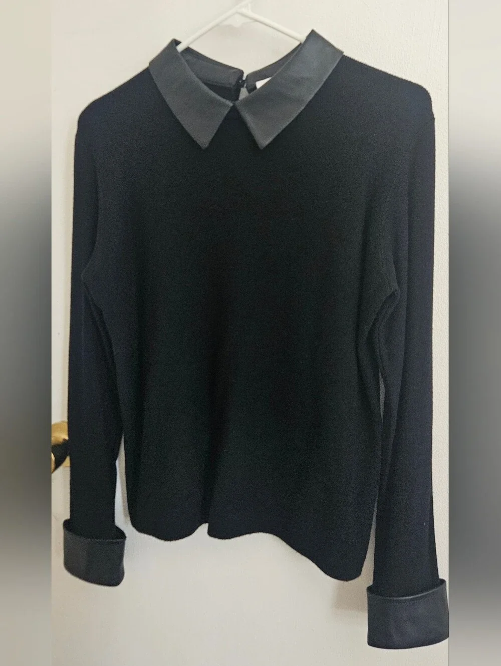 Black Sweater with Faux Leather Collar and Cuffs
